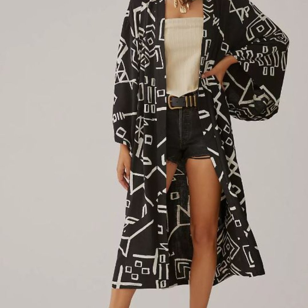 Anthropologie Graphic Kimono Duster black gray one size fits all EUC